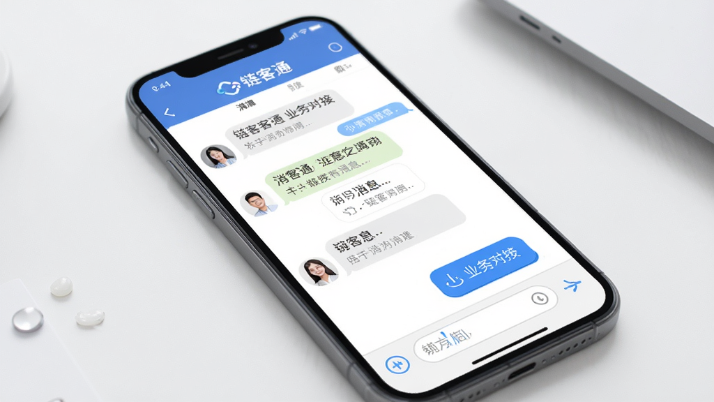 链客通 业务对接 手机聊天界面 主体为手机屏幕 布局为对话气泡与功能按钮 排版清晰 风格简约商务 细节包括