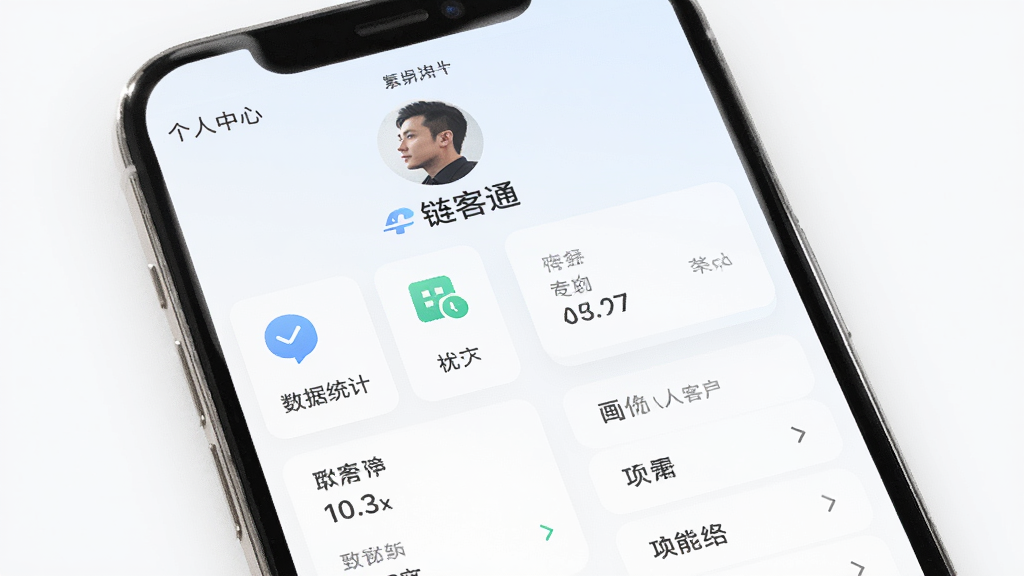 链客通 个人中心 手机应用界面 主体为手机屏幕 布局为头像 数据统计 功能列表 排版规整 风格清爽浅色 细节包括