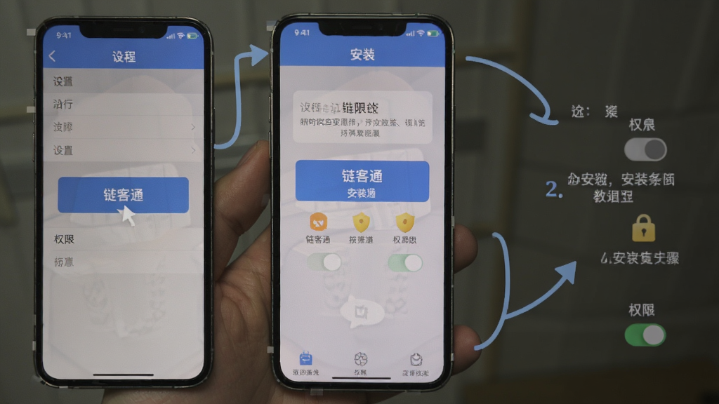 链客通 安装步骤 手机操作界面 主体为手机屏幕 布局为设置菜单与安装提示 排版分步展示 风格教程类 细节包括