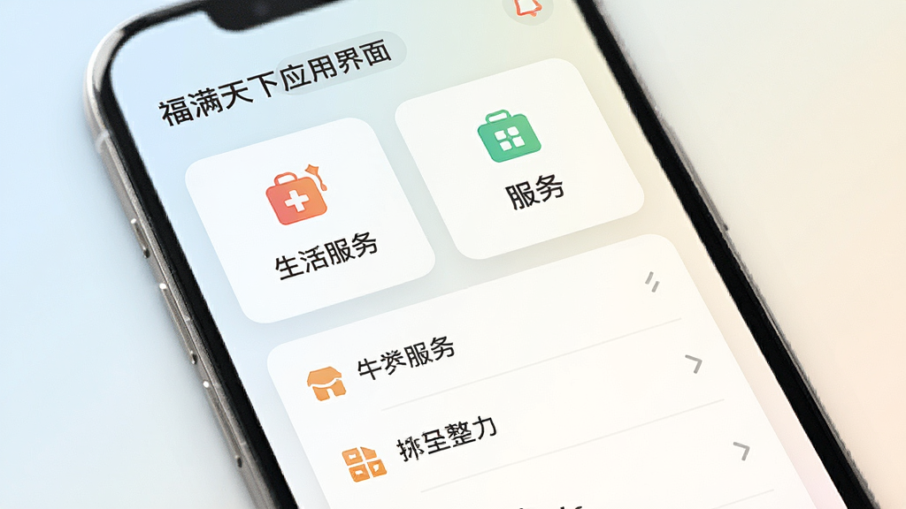 福满天下应用主界面展示,手机屏幕中显示简洁的卡片式功能布局,包含生活服务图标与信息列表,背景为浅色渐变,风格现代清爽,细节精致,画质清晰,干净无多余元素