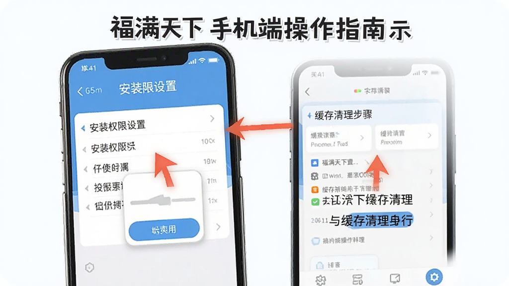 福满天下手机端操作指南示意图,手机屏幕展示安装权限设置与缓存清理步骤,界面标注清晰的操作箭头与文字说明,风格简洁实用,画质干净无多余元素