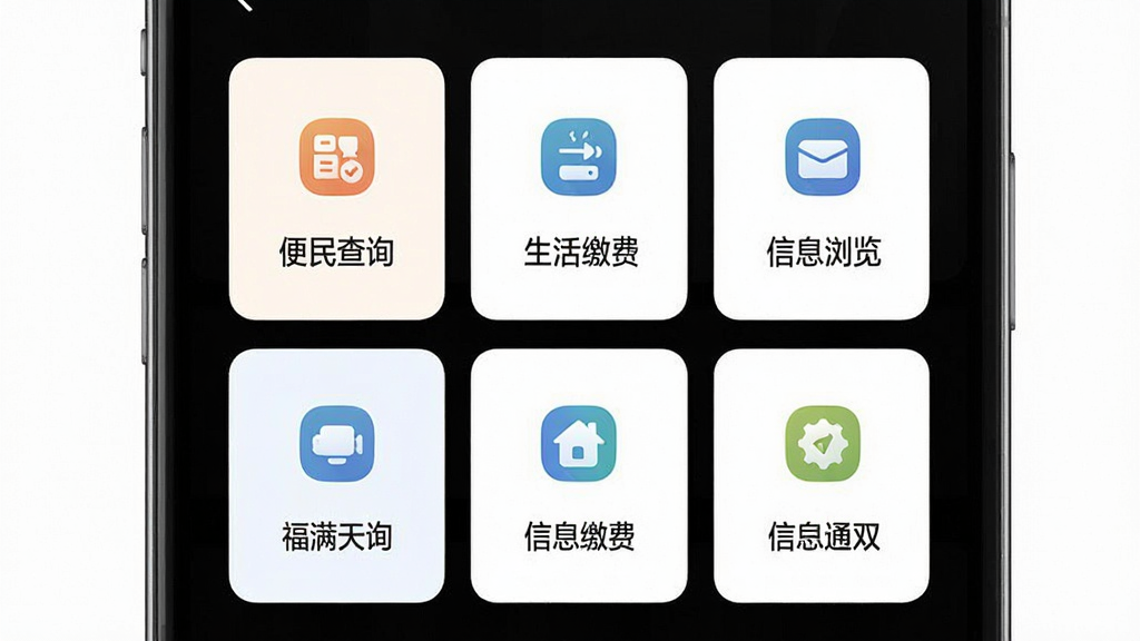 福满天下一站式生活服务功能界面,手机屏幕展示多个功能模块卡片排列,包含便民查询、生活缴费、信息浏览等图标,布局整齐,风格简约清新,画质清晰,干净无多余元素