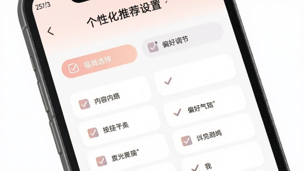 福满天下个性化推荐设置页面,手机屏幕显示标签选择与偏好调节界面,包含多个可勾选的内容分类选项,配色柔和,布局清晰,风格现代,画质干净无多余元素