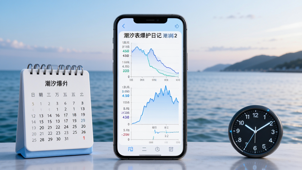 潮汐表爆护日记潮汐预报功能展示图,画面中手机屏幕显示详细的潮汐曲线和潮高数据,屏幕旁有日历和时钟元素,背景是宁静的海面与远山,风格简洁科技感,画质清晰,文字内容为中文,干净无杂乱元素