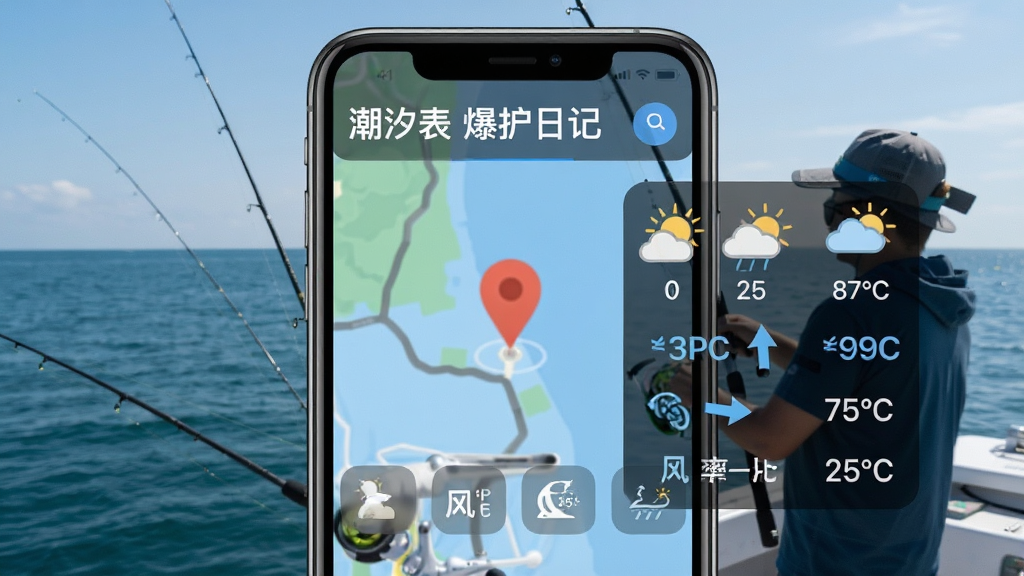 潮汐表爆护日记钓点天气综合信息图,手机屏幕显示地图定位点与天气图标、风力箭头、温度数值等叠加信息,背景是海钓场景,风格现代信息图,画质清晰,无多余元素