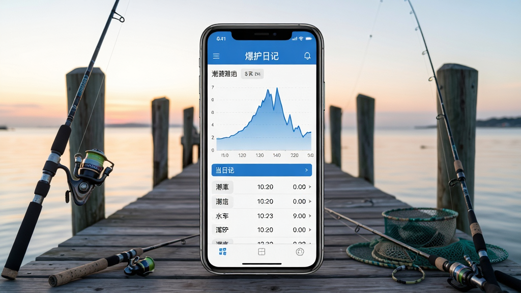 潮汐表爆护日记软件主界面全貌展示,画面中央是手机屏幕,屏幕上显示着蓝色调的潮汐曲线图与当日潮汐时间列表,背景是清晨的海边码头,有钓竿和渔具点缀,整体风格清新写实,画质清晰干净,无多余元素