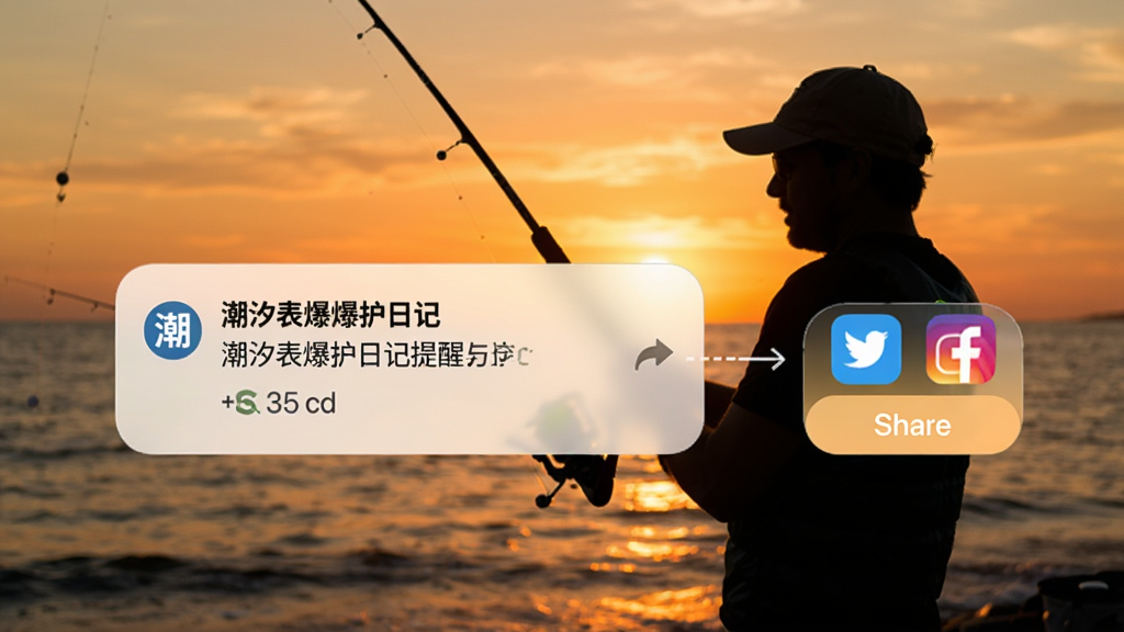 潮汐表爆护日记提醒与分享功能展示,手机屏幕弹出潮汐提醒通知,旁边有分享按钮指向社交图标,背景是夕阳下的海钓剪影,风格温馨,画质清晰,无多余元素