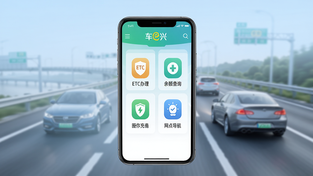 ��e��Ӧ��������չʾͼ������������һ�������ֻ����ֻ���Ļ����ʾ��e��APP��ҳ������ETC����������ѯ��Ȧ���ֵ�����㵼���ȹ���ͼ�꣬����Ϊ����ɫ���䣬���ּ�����������Ϊ�ִ��Ƽ��У�ϸ�ڰ���������ʻ�ڸ��ٹ�·�ϵ��黯���������ʸ��壬�ɾ����޶���Ԫ��