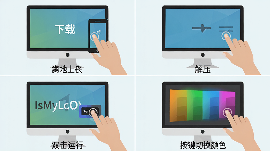 一张IsMyLcdOK使用教程的步骤图,主体为电脑屏幕与操作手势,布局为四格分镜,分别展示下载、解压、双击运行、按键切换颜色四个步骤,排版清晰,风格为扁平化教程风,细节包括每格下方有简短文字标注,画质高清,干净,无多余元素