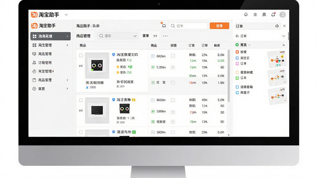 一张软件界面全景展示图,主体为电脑屏幕上运行的淘宝助手客户端主界面,布局为左侧功能导航栏加右侧商品列表与订单管理面板,排版清晰整齐,风格为现代简约商务风,细节包括图标按钮、数据表格、搜索框等元素,画质高清,干净,无多余元素