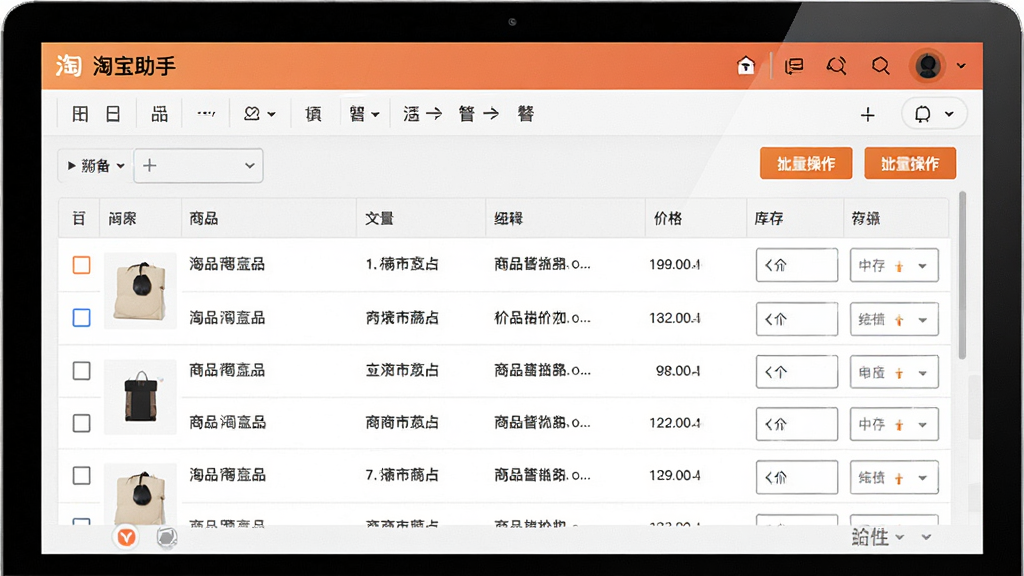一张商品批量管理功能展示图,主体为电脑屏幕上的淘宝助手商品管理界面,布局为上方工具栏加下方商品列表,排版为表格形式展示多行商品数据,风格为清爽浅色商务风,细节包括勾选框、批量操作按钮、价格库存编辑框,画质高清,干净,无多余元素