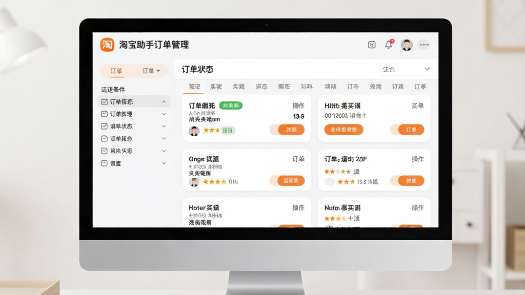 一张订单集中处理功能展示图,主体为电脑屏幕上的淘宝助手订单管理面板,布局为左侧筛选条件加右侧订单列表,排版为卡片式订单信息展示,风格为柔和圆角现代风,细节包括订单状态标签、买家昵称、操作按钮,画质高清,干净,无多余元素