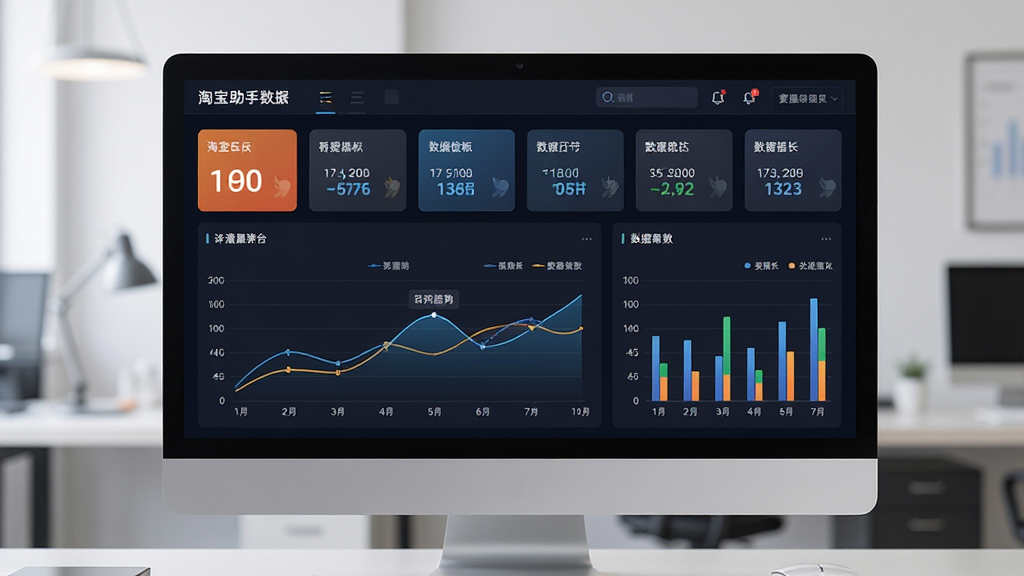 一张数据报表统计功能展示图,主体为电脑屏幕上的淘宝助手数据看板,布局为上方指标卡片加下方折线图与柱状图,排版为仪表盘式数据可视化,风格为深色科技感数据风,细节包括数字指标、趋势曲线、图例标注,画质高清,干净,无多余元素