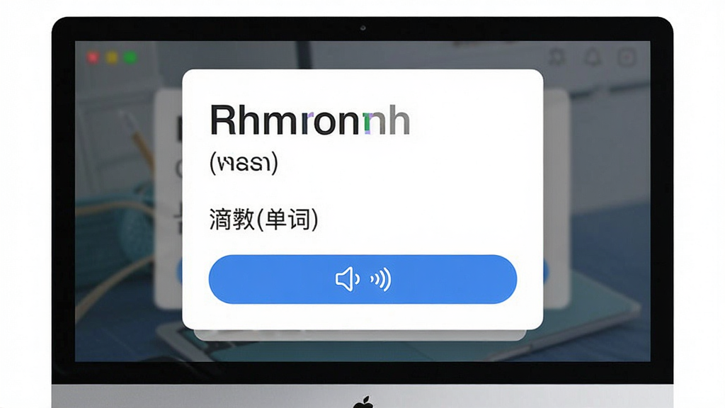 我爱背单词软件主界面,主体为电脑屏幕显示单词卡片学习界面,布局居中,排版清晰,风格简约现代,细节包含英文单词、音标、中文释义和发音按钮,画质干净无多余元素
