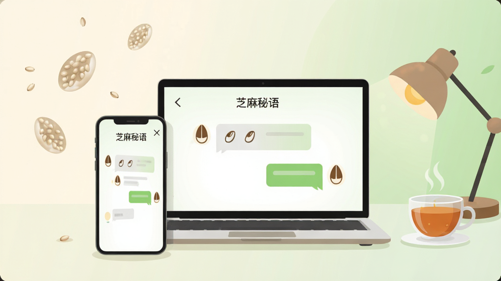 画面中央放置一部智能手机和一台轻薄笔记本电脑,屏幕中都显示“芝麻秘语”的对话界面,界面中有简洁的聊天气泡和芝麻粒形状的图标;背景是柔和的米白色与浅绿色渐变,左侧漂浮几颗半透明的芝麻粒装饰,右侧有一盏小台灯和一杯热茶;整体采用扁平化插画风格,细节干净,画质清晰,无多余元素,图片中文字“芝麻秘语”清晰可见。