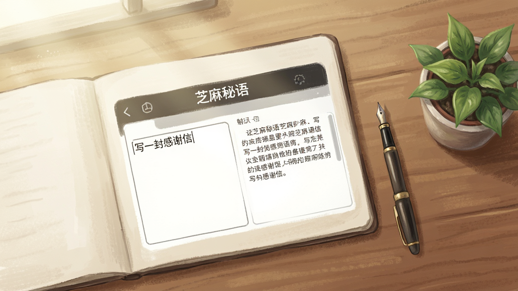 一张木质书桌的俯视图,桌面上摊开一本笔记本,笔记本旁边放着一支钢笔和一杯咖啡;笔记本屏幕上显示“芝麻秘语”的文本生成界面,左侧输入框写着“写一封感谢信”,右侧输出框显示已生成的段落;画面右侧有一盆小绿植,光线从左上角照入;风格为写实手绘,细节柔和,画质清晰,无多余元素。