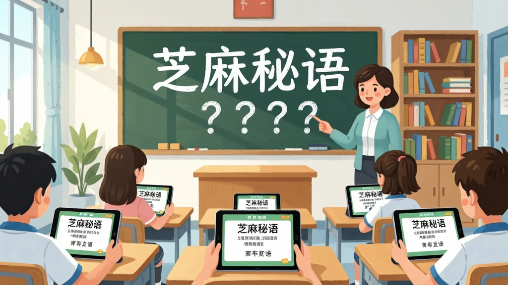 画面是一间明亮的教室,黑板前站着一位老师,黑板上写着“芝麻秘语”四个大字和几个问号;下方坐着几名学生,每人面前都有一台平板电脑,屏幕显示芝麻秘语的问答界面;教室后方有一个书架,上面摆满书籍;风格为清新校园插画,色彩明快,细节干净,画质清晰,无多余元素。