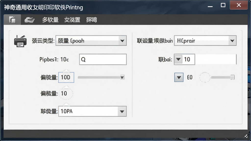 一张展示神奇通用收据打印软件多联打印设置界面的图片,画面主体是软件参数设置窗口,布局包含纸张类型选择、偏移量微调、联数设置等选项,风格专业严谨,细节包括打印机图标、数值输入框,画质清晰,干净无多余元素
