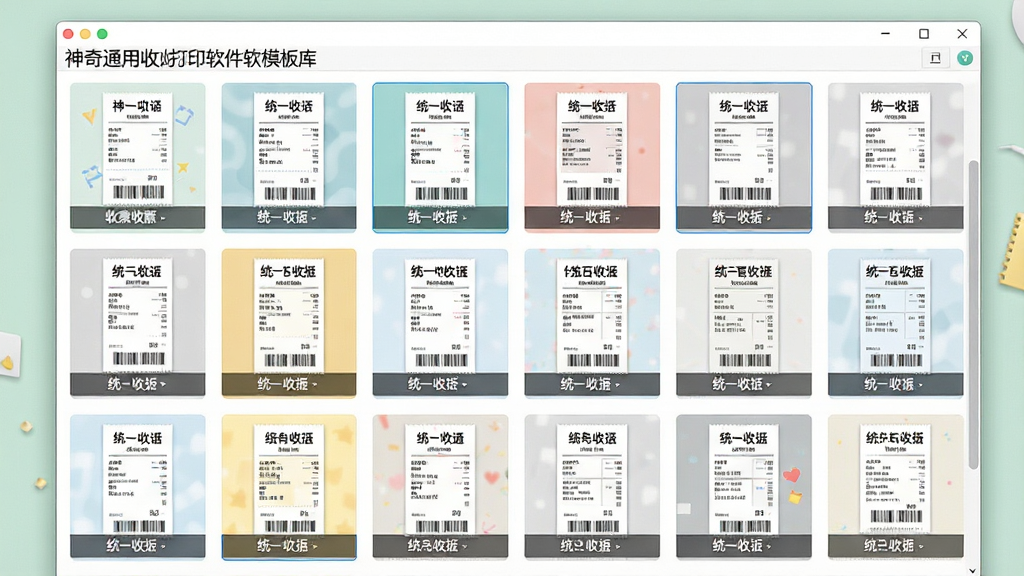 一张展示神奇通用收据打印软件模板库界面的图片,画面主体是软件窗口,布局采用网格缩略图排列,每个缩略图代表一款收据模板,风格简洁明亮,细节能看到收款收据、统一收据等字样标签,画质清晰,干净无多余元素