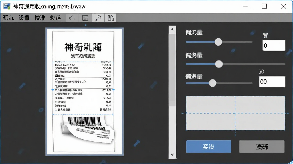 一张展示神奇通用收据打印软件打印预览与校准设置界面的图片,画面主体为软件窗口,布局左侧是预览缩略图,右侧是偏移量调整滑块和数值输入框,风格清晰实用,细节包括测试页按钮、对齐线示意,画质清晰,干净无多余元素