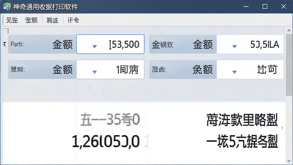 一张展示神奇通用收据打印软件金额自动合计功能的界面图片,画面主体为软件编辑区,布局上方是金额输入栏,下方自动显示合计金额和大写金额,风格商务简洁,细节包括数字对齐、中文大写金额文字,画质清晰,干净无多余元素