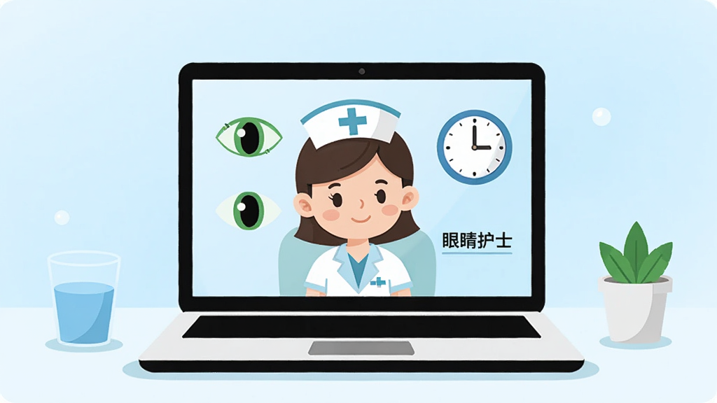 一张简洁明亮的电脑桌面场景插画,画面中央是一台打开的笔记本电脑,屏幕上显示一个卡通护士形象正在温柔地提醒用户休息,屏幕旁边有绿色的眼睛图标和时钟元素,背景是柔和的浅蓝色渐变,桌面整洁,只有一杯水和一盆小绿植,整体风格清新扁平化,画质清晰干净,无多余元素,画面中文字标注“眼睛护士”