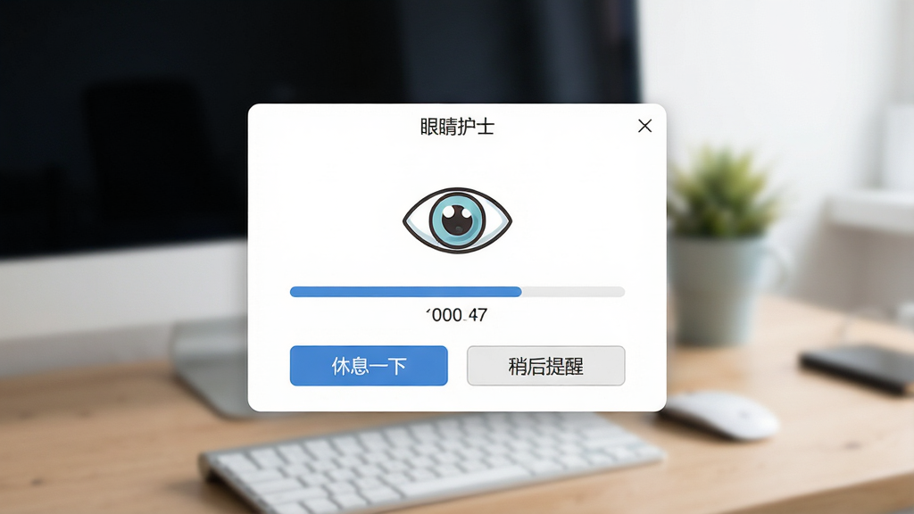 一张软件界面示意图,画面中是一个简洁的电脑弹窗,弹窗标题写着“眼睛护士”,弹窗内有一个卡通眼睛图标和一个倒计时进度条,下方有“休息一下”和“稍后提醒”两个按钮,背景是模糊的办公桌面,风格清爽现代,画质干净,无多余元素