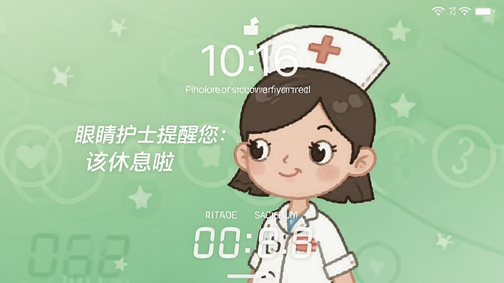一张全屏锁屏界面效果图,画面中央是一个大大的卡通护士形象,旁边写着“眼睛护士提醒您:该休息啦”,下方有倒计时数字,背景是柔和的绿色渐变,画面简洁干净,风格可爱温馨,无多余装饰元素