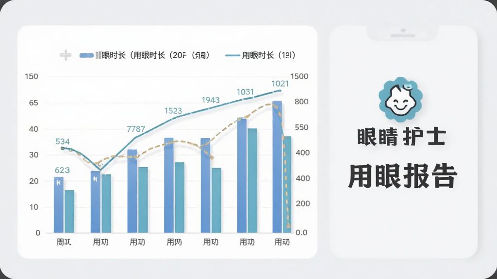 一张数据统计图表界面插画,画面中是一个简洁的柱状图和折线图,展示一周的用眼时长变化,图表旁边有“眼睛护士”的logo和“用眼报告”字样,背景是浅灰色,风格商务简洁,画质干净,无多余元素