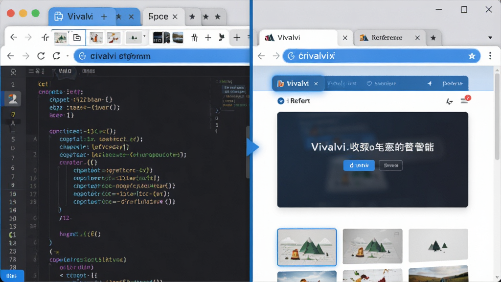 一张AI生成的Vivaldi浏览器功能展示图,画面中浏览器窗口被分为左右两半,左侧显示代码文档,右侧显示参考网页,顶部标签栏呈现堆叠的标签组。风格为清爽的UI概念图,蓝色与白色为主色调,细节包括标签组缩略图、分屏分割线、地址栏高亮。画质清晰,干净,无多余元素。