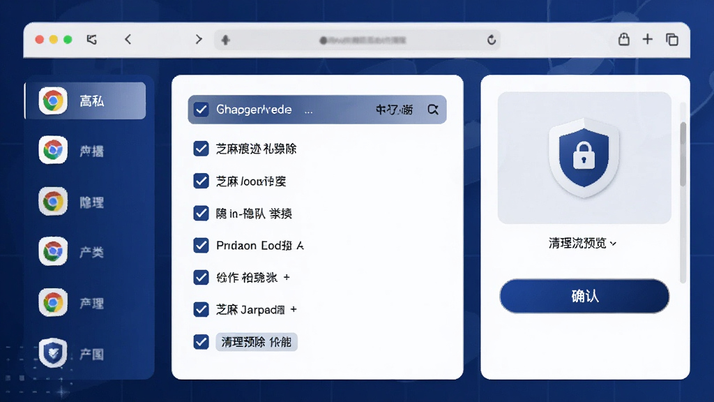 芝麻清理隐私痕迹擦除功能展示,主体为浏览器隐私数据清理界面,布局左侧为浏览器图标列表,中央为各类隐私痕迹勾选项目,右侧为清理预览和确认按钮,排版对称工整,风格为安全感的深蓝与白色搭配,细节包含盾牌图标、锁形标识和隐私数据分类标签,画质高清,画面干净,无多余元素