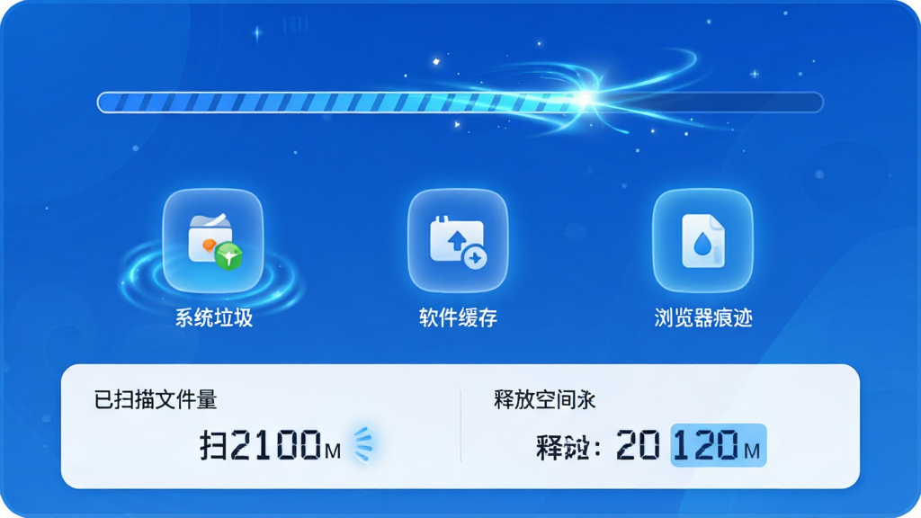 芝麻清理智能扫描功能界面,主体为软件扫描进度展示,布局上方为扫描进度条和动态光效,中央为分类图标依次亮起代表系统垃圾、软件缓存、浏览器痕迹等,下方为已扫描文件数量和释放空间统计,排版清晰层次分明,风格为清爽科技蓝白配色,细节包含动态扫描动画效果、分类图标和数字跳动,画质高清,画面干净,无多余元素