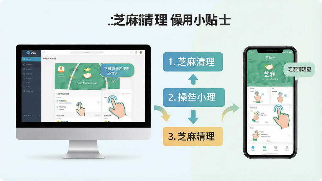 芝麻清理使用小贴士示意图,主体为电脑和手机双设备展示芝麻清理操作步骤,布局左侧为电脑端界面截图,右侧为手机端界面截图,中央为箭头连接和提示文字框,排版左右对比清晰,风格为清新浅色扁平化设计,细节包含步骤编号、操作手势图标和提示气泡,画质高清,画面干净,无多余元素