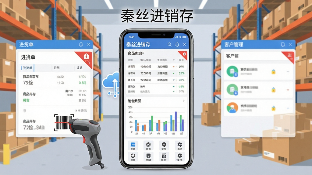秦丝进销存软件主界面展示,画面中央放置一部智能手机,屏幕显示商品库存列表与销售数据图表,背景为整洁的仓库货架与打包纸箱,布局左右分区左侧展示进货单据右侧展示客户管理模块,排版采用上下结构顶部为软件名称“秦丝进销存”底部为功能图标阵列,风格为扁平化商务科技风,细节包含扫码枪元素、云端同步符号、库存预警红色角标,画质高清1080P,干净无多余元素