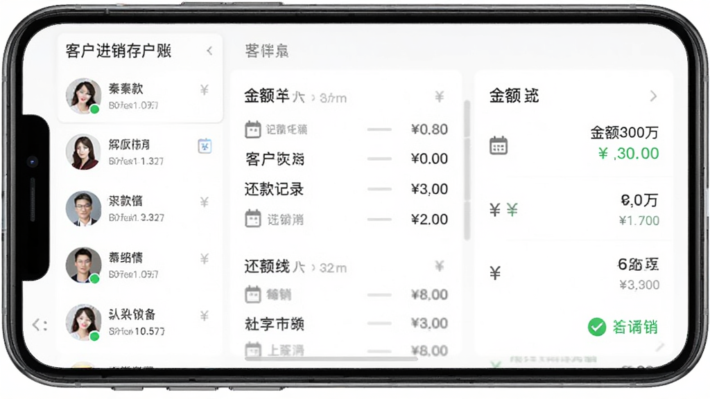 秦丝进销存客户对账界面,画面主体为手机屏幕展示客户欠款明细与还款记录,左侧为头像列表右侧为金额统计,布局采用左右分栏,排版清晰层次分明,风格为简约商务风,细节包含人民币符号、日历图标、对勾核销标记,画质高清,干净无多余元素