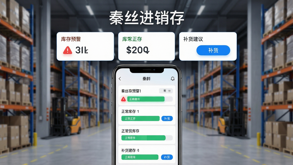 秦丝进销存库存预警功能界面,画面中央为手机屏幕显示库存预警列表与补货建议,背景为现代化仓库内部透视,布局上方标题“秦丝进销存”下方数据卡片,排版采用网格化信息展示,风格为数据可视化科技风,细节包含红色预警图标、绿色正常库存条、蓝色补货按钮,画质高清,干净无多余装饰