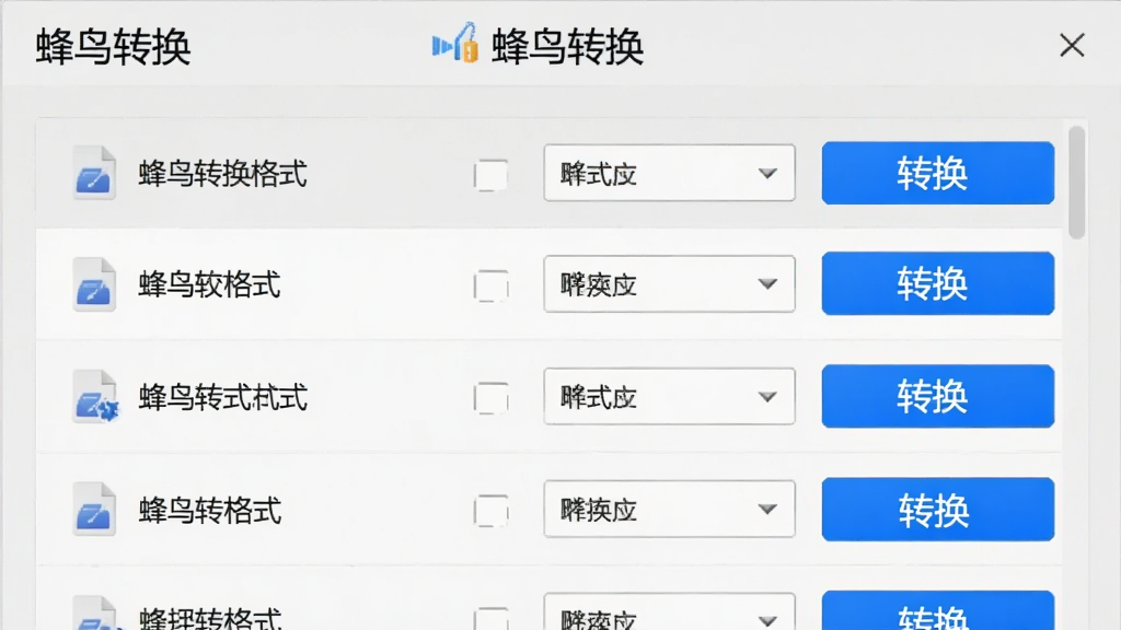 软件批量转换功能界面,画面中显示多个文件列表,每个文件旁有格式下拉选项和转换按钮,界面顶部有“蜂鸟转换”字样,背景为浅灰色,按钮为蓝色高亮,整体风格简洁商务,画质清晰,排版规整