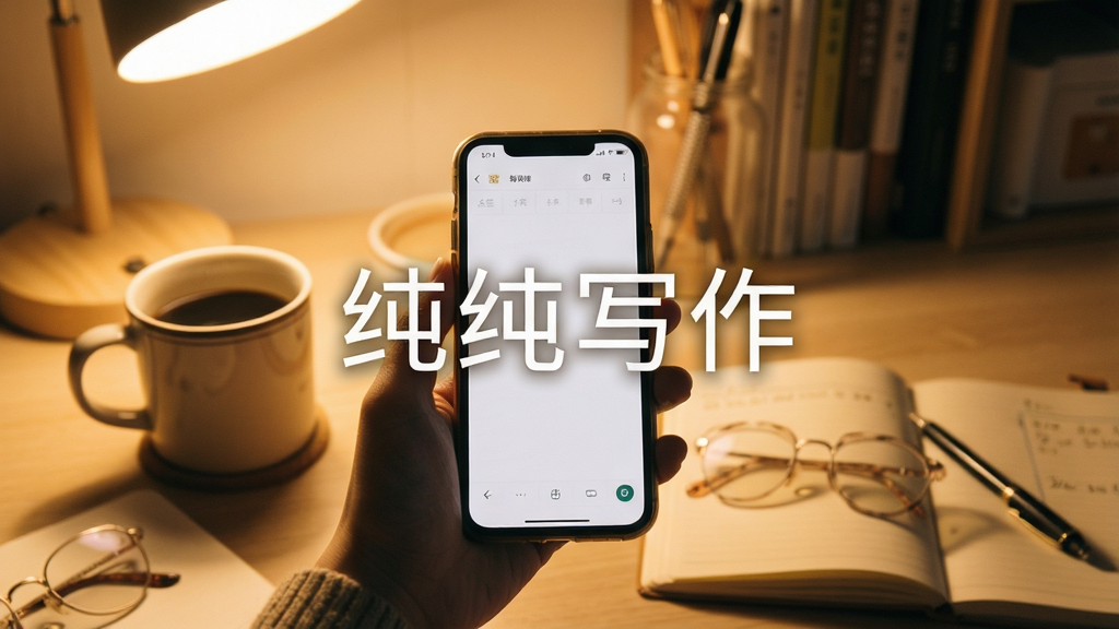 一张表现安静写作场景的图片,画面中一只手握着手机,屏幕上是纯纯写作的编辑界面,周围环境是柔和暖光下的书桌,桌上有咖啡杯与笔记本,画面中央用干净字体写着“纯纯写作”,风格温暖治愈,布局居中,细节丰富,画质细腻,无杂乱元素。