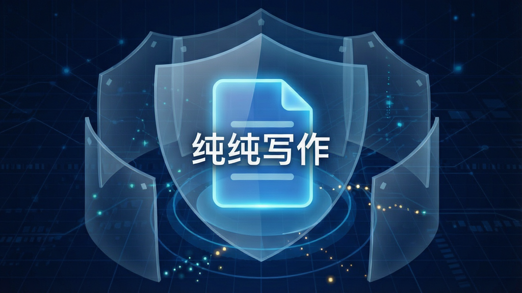 一张抽象表现数据安全与备份概念的图片,画面主体是一个发光的文档图标被多层半透明保护罩环绕,背景是深蓝色科技感网格,中心位置标注“纯纯写作”,布局对称稳定,风格偏向科技与安全,细节清晰,画质干净,无多余装饰。