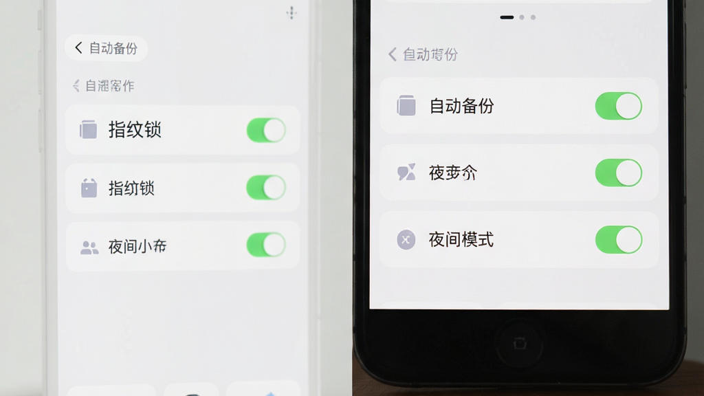 一张展示手机端纯纯写作设置界面的图片,画面中列出自动备份、指纹锁、夜间模式等选项开关,界面采用浅色卡片式布局,文字清晰,图标简约,整体风格干净清爽,画质细腻,无多余元素。