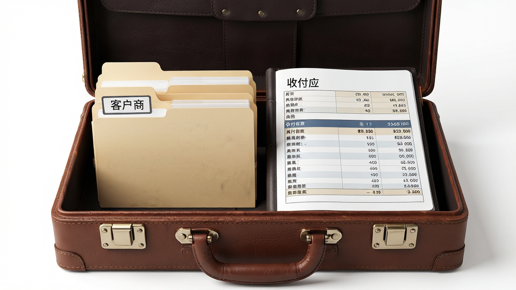 智慧商贸进销存软件客户供应商与资金管理功能展示图,主体为一个商务公文包打开后内部呈现文件夹与账本,文件夹上标注客户与供应商标签,账本页面显示收付款记录与金额数字,布局为居中特写,风格为写实商务风,细节包含皮革纹理与金属搭扣,画质高清,干净,无多余元素