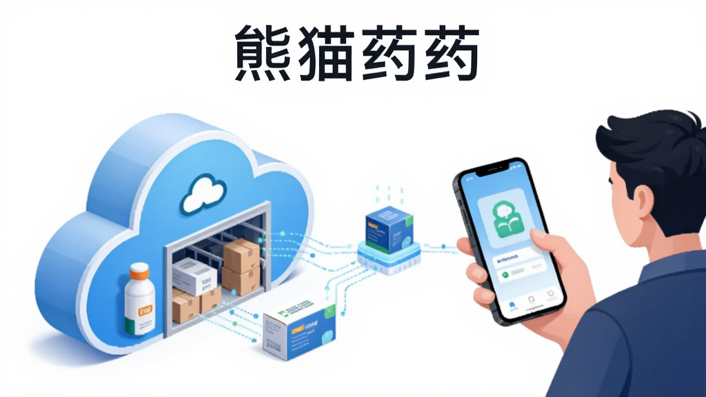 画面主体是一个云端仓储与手机相连的示意图,左侧为立体云仓图形,右侧为手持手机的用户。布局左右对称,上方留白放置