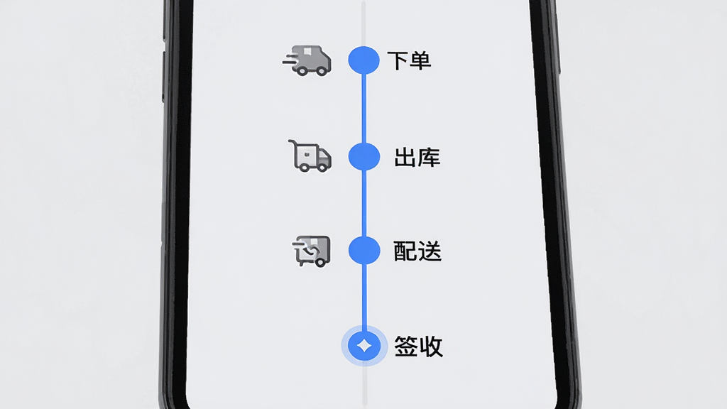 画面主体是手机屏幕显示订单跟踪时间轴,时间轴上标注