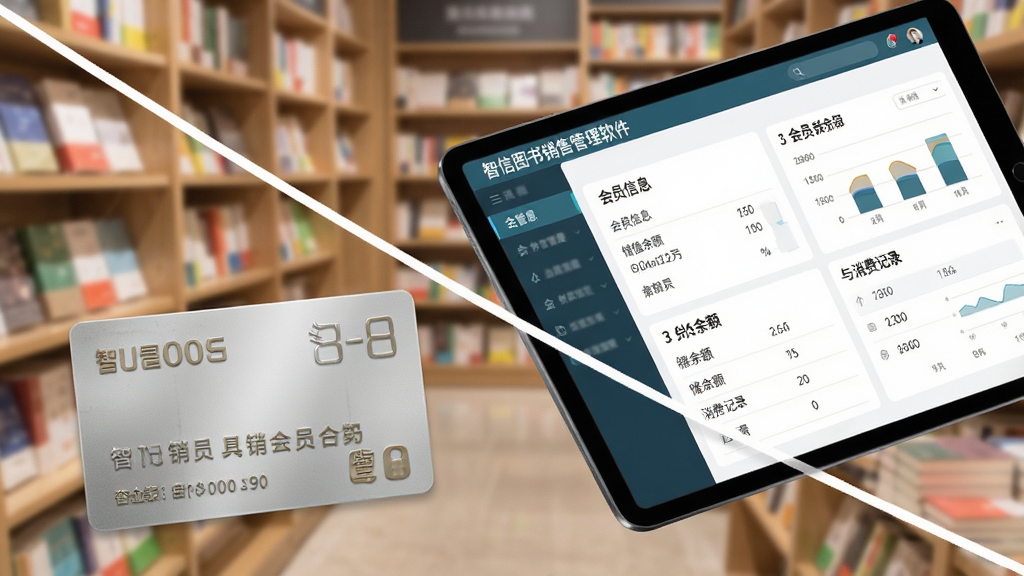 AI生图,画面主体是一张会员卡与一个显示会员管理界面的平板电脑,布局采用对角线构图,会员卡位于左下角,平板电脑位于右上角,屏幕上显示智信图书销售管理软件的会员信息、储值余额、积分与消费记录,风格为清新简约风,细节包含会员卡磨砂质感、屏幕上的数字与图表、背景中虚化的书店货架,画质高清,干净无多余元素,画面中可显示软件名称“智信图书销售管理软件”