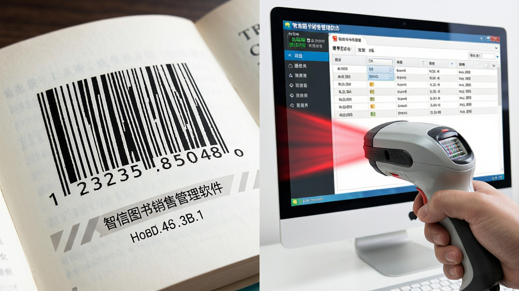 AI生图,画面主体是一本翻开图书的ISBN条码特写与一个手持扫码枪正在扫描的动作,布局采用左右分栏,左侧为图书条码与书名信息,右侧为扫码枪与电脑屏幕上的智信图书销售管理软件库存列表界面,排版简洁清晰,风格为写实商业摄影风,细节包含条码黑白线条、屏幕表格高光、扫码枪红色光束,画质高清,干净无多余元素,画面中可显示软件名称“智信图书销售管理软件”