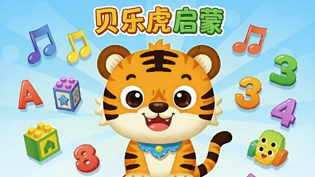 画面主体为一只可爱的卡通老虎形象,位于画面中央,周围环绕着音符、字母、数字和彩色积木,布局采用中心放射状排版,风格为明亮活泼的儿童插画风,细节上老虎面带微笑、色彩鲜艳,背景为柔和的渐变蓝色,画质清晰干净,无多余元素,图片上方有