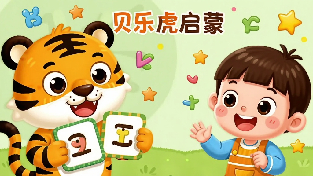 画面主体为一只卡通老虎正在与小朋友互动学习,布局为左右结构,左边是老虎拿着识字卡片,右边是小朋友开心跟读,排版活泼,风格为明亮卡通插画,细节上周围漂浮着字母和星星,背景为浅绿色,画质清晰干净,无多余元素,图片中有