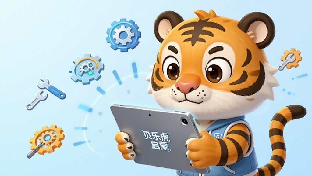 画面主体为一只卡通老虎拿着平板电脑,周围环绕着齿轮和工具图标,布局为对角线构图,排版简洁,风格为科技卡通风,细节上老虎表情专注,背景为浅蓝色渐变,画质清晰干净,无多余元素,图片中有