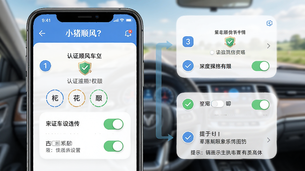 小猪顺风车主新手操作指引示意图,主体为手机屏幕显示认证流程与权限设置页面,布局为左右分步展示,排版直观,风格为友好教学风,细节包含步骤编号、勾选图标、权限开关、提示文字,画质高清,干净,无多余元素