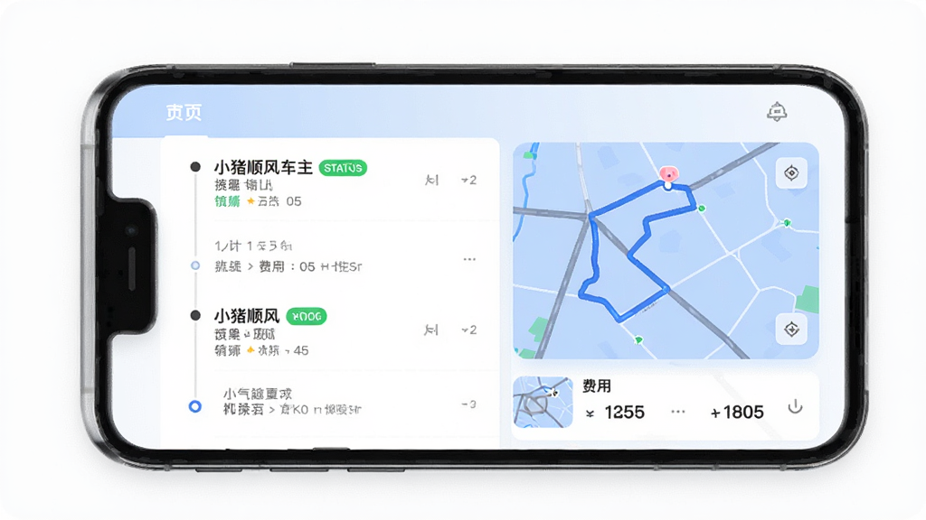 小猪顺风车主的行程管理页面,主体为手机屏幕显示订单列表与行程轨迹地图,布局为上下分区,排版整齐,风格为清爽极简风,细节包含订单状态标签、时间轴、地图缩略图、费用数字,画质高清,干净,无多余元素
